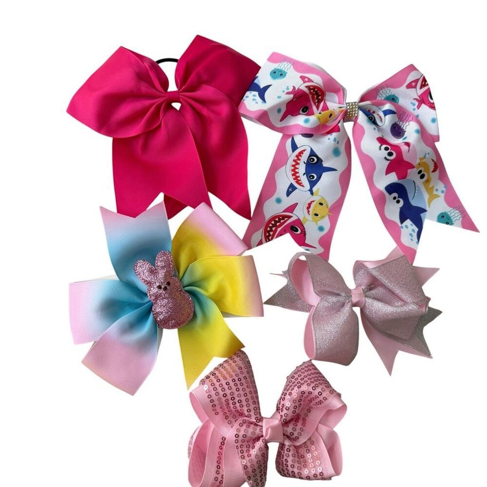 Lot of 5 Girls Hair Bows – Pink, Baby Shark, Pastel, Sequin – Clips & Ponytail